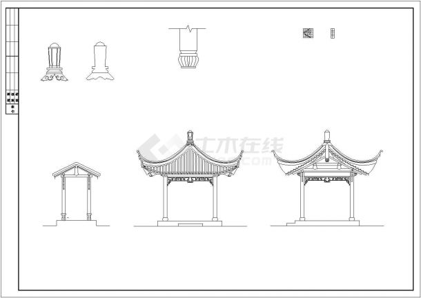 某悠闲公园内茶楼连廊亭整体建筑CAD施工详图-图一