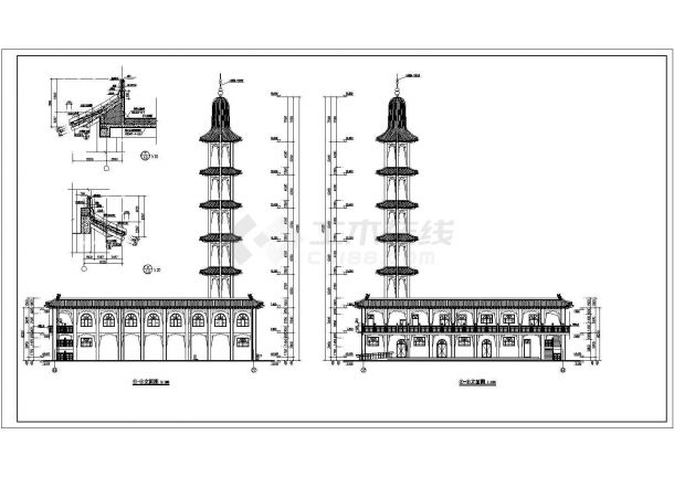 某仿木质古清真寺建筑图纸（CAD）-图二
