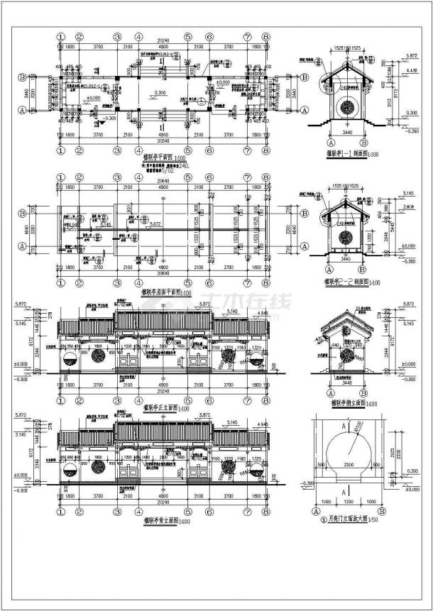 非常实用的古代亭廊建筑CAD施工设计图-图二