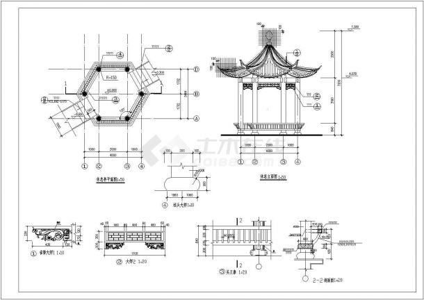 非常简单实用的古代亭子景观设计CAD施工详图（标注详细）-图一