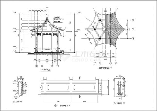 非常简单实用的古代亭子景观设计CAD施工详图（标注详细）-图二