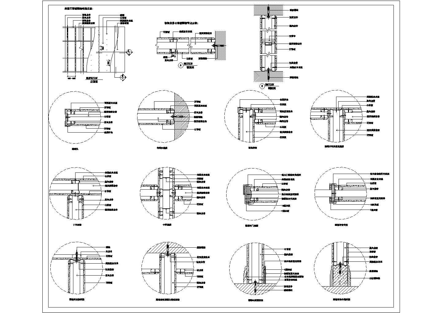 单层石膏板隔墙系统节点图（CAD版本）