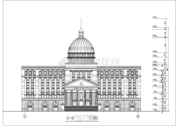欧式复古风格现代办公楼穹顶建筑设计cad施工图纸-图一