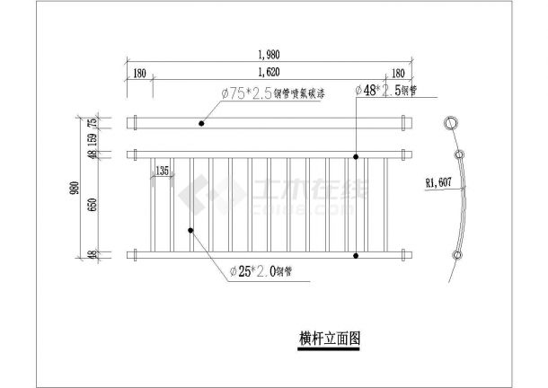 钢圆管氟碳喷涂栏杆CAD图纸-图二
