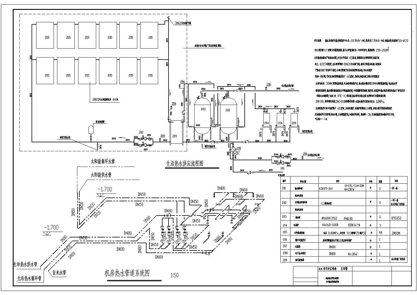 屋面太阳能系统结合电辅助加热施工图纸