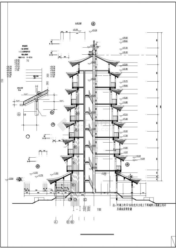 中式传统五角佛塔带详细角梁施工做法cad平面方案图-图二