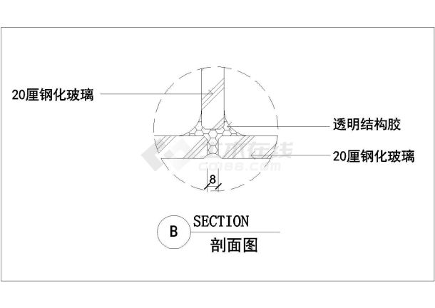 钢化玻璃幕墙设计cad详图，共3张-图一