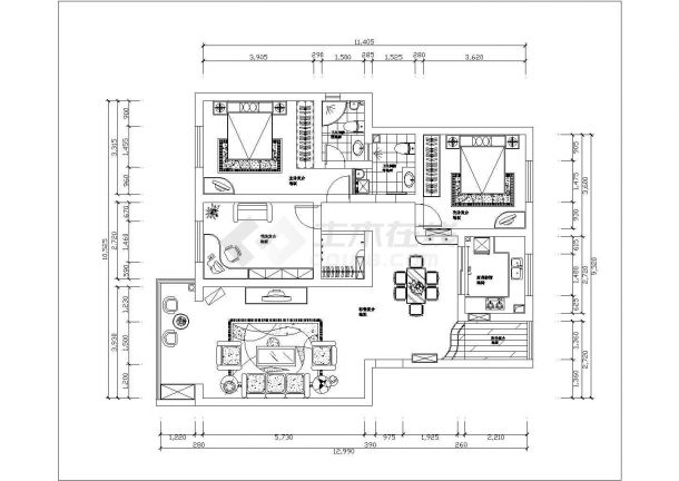 通用版三室两厅装修施工cad设计方案图（带小吧台）-图二