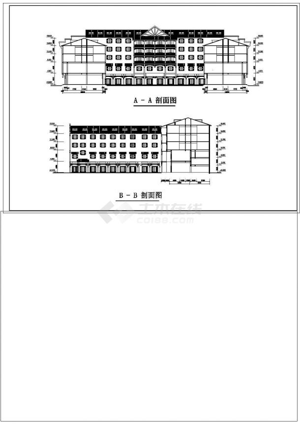 五层旅游酒店美式坡面屋顶C形建筑施工cad平面方案图-图一