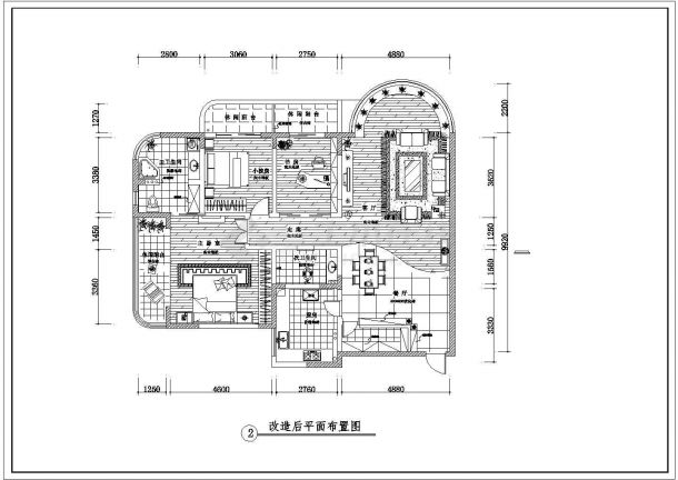 圆角三居室户型中式简约装修设计cad平面方案图-图一