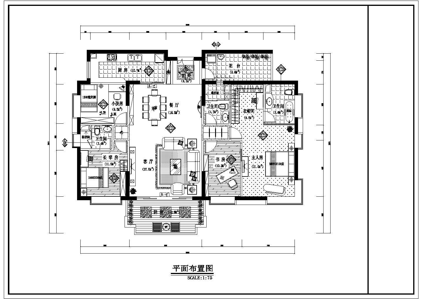 现代风格小四房户型装修施工CAD平面方案图（带客餐厅效果图）
