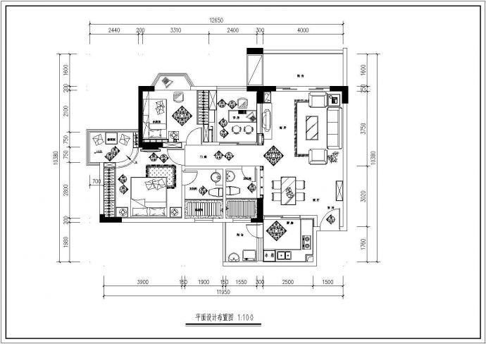 时尚四居室现代风格室内装修设计cad平面方案图_图1