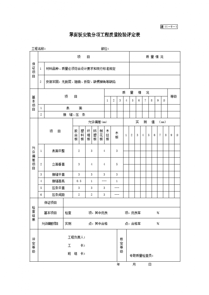 罩面板安装分项工程质量检验评定表-图一