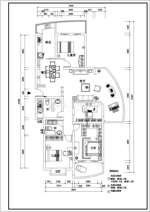 现代新中式四居室大户型家装施工cad设计方案图-图一