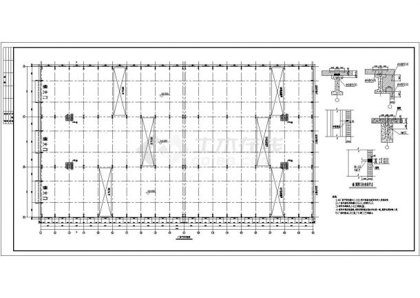 单层三跨度工业厂房结构施工cad平面布置方案图(10T电动葫芦)-图一