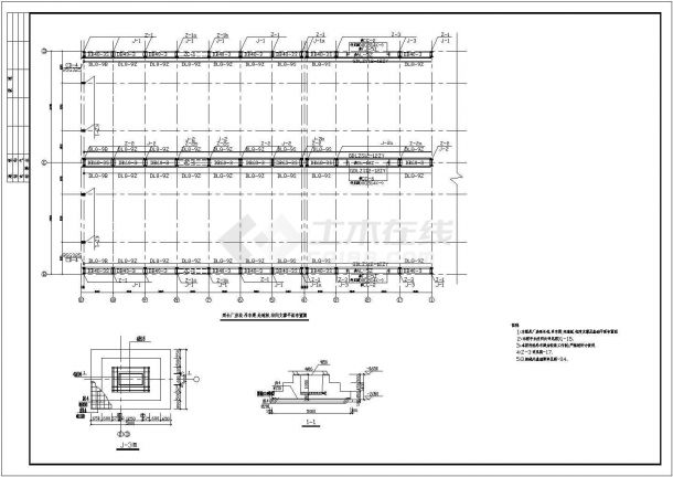 单层三跨度工业厂房结构施工cad平面布置方案图(10T电动葫芦)-图二
