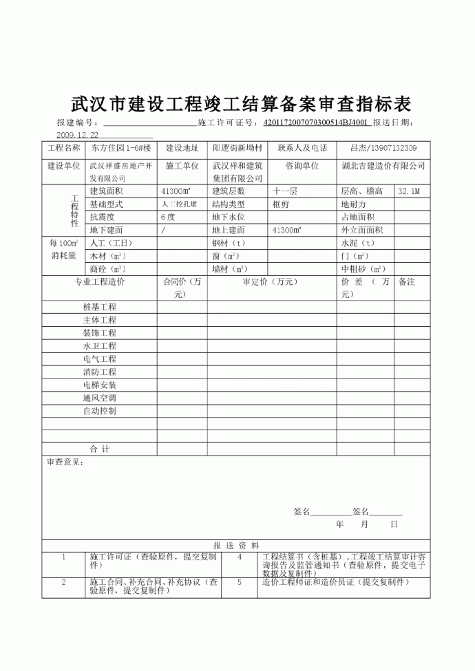 武汉市建设工程竣工结算备案审查指标表_图1