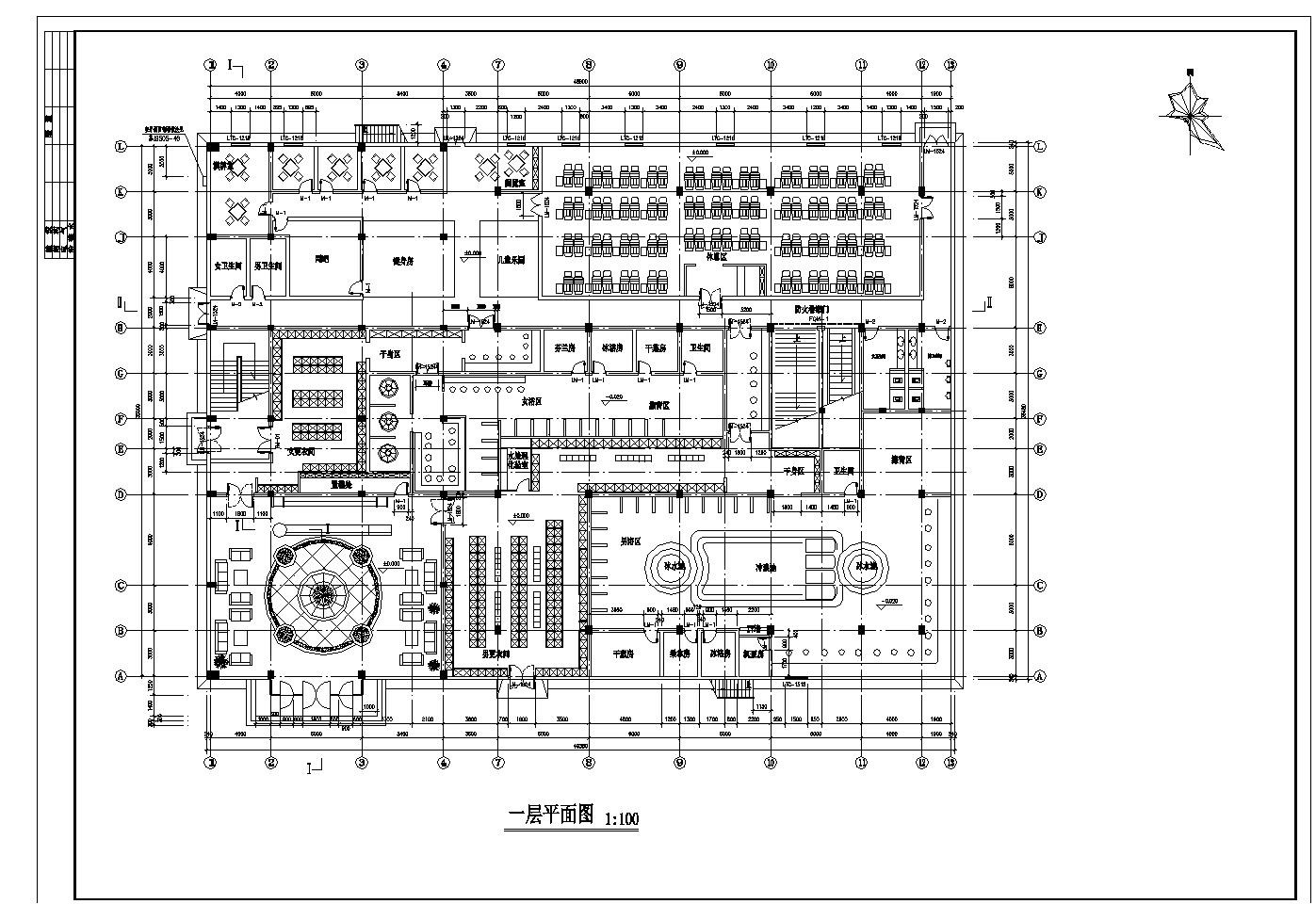 休闲中心水中央浴场建施工CAD图