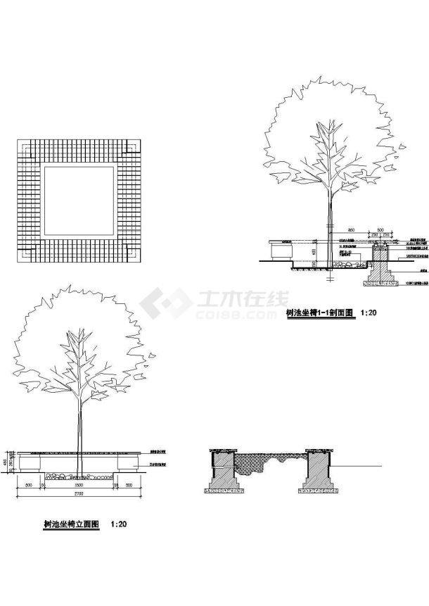 四方形围树座椅施工大样图-图一