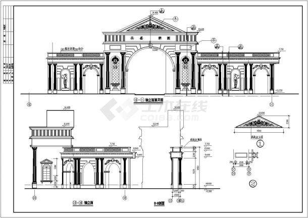 北京高档社区欧式风格入口大门建筑设计施工cad平立面方案图弧形