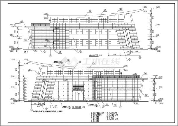 三层新潮连体办公楼建筑设计cad施工平立面方案图(局部2层)-图一