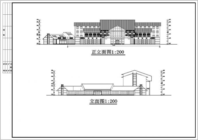 精致坡面屋顶局部五层办公楼建筑设计cad施工平立面方案图(连接商场)_图1