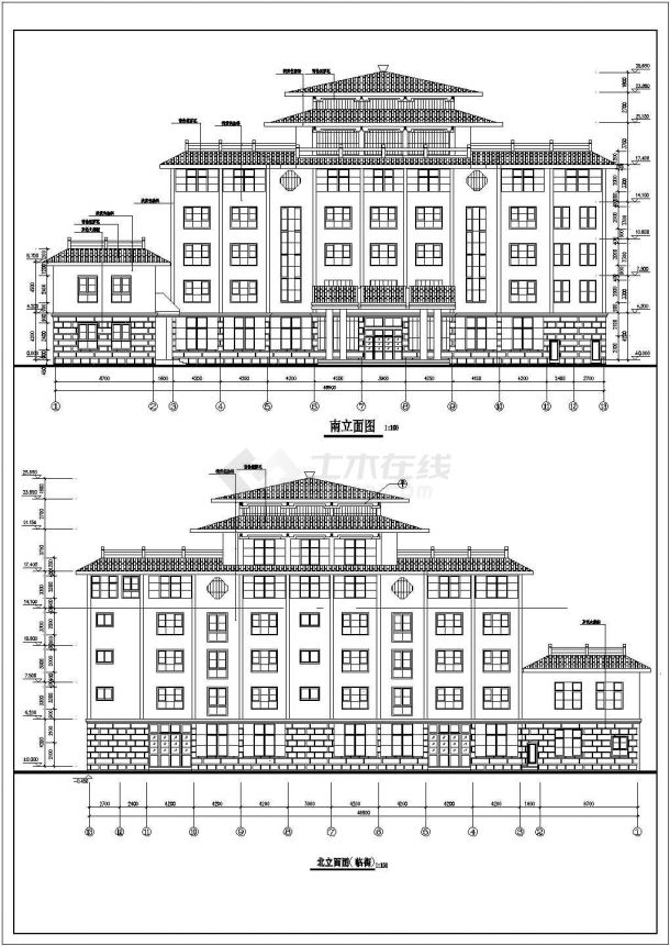 行政机构六层坡面屋顶办公楼建筑施工cad平立面方案图（2层宝塔顶）-图一