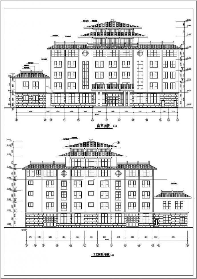 行政机构六层坡面屋顶办公楼建筑施工cad平立面方案图（2层宝塔顶）_图1
