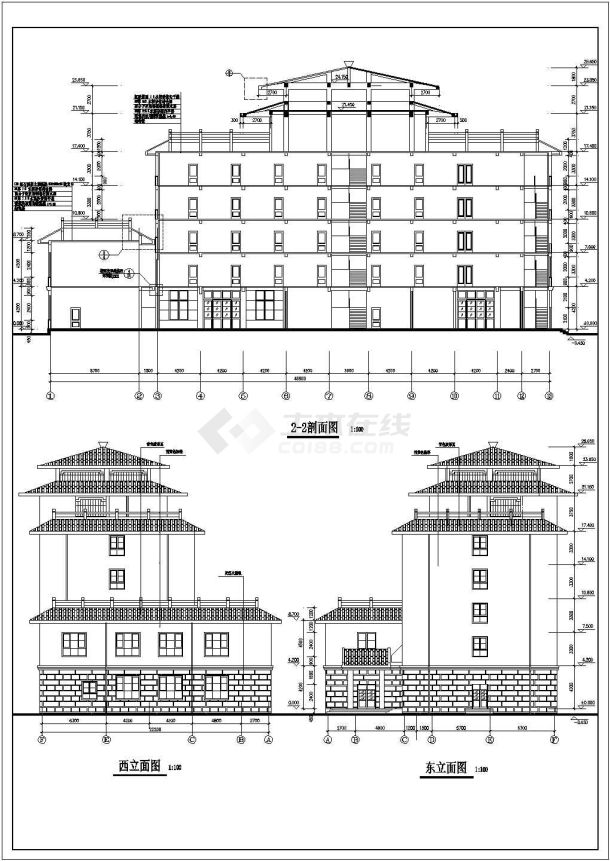 行政机构六层坡面屋顶办公楼建筑施工cad平立面方案图（2层宝塔顶）-图二