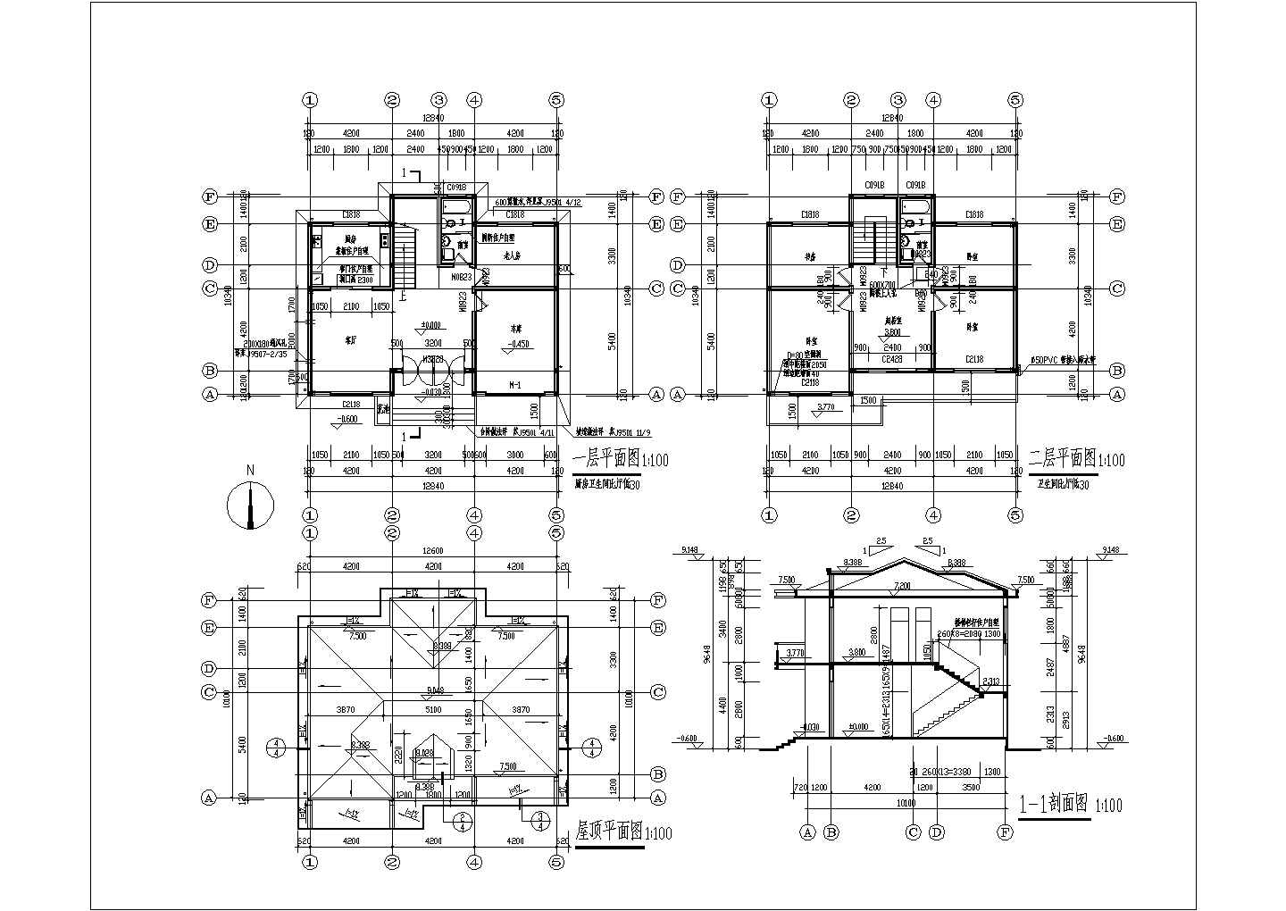 二层砖混结构别墅结构施工图（含建筑施工图 坡屋面）