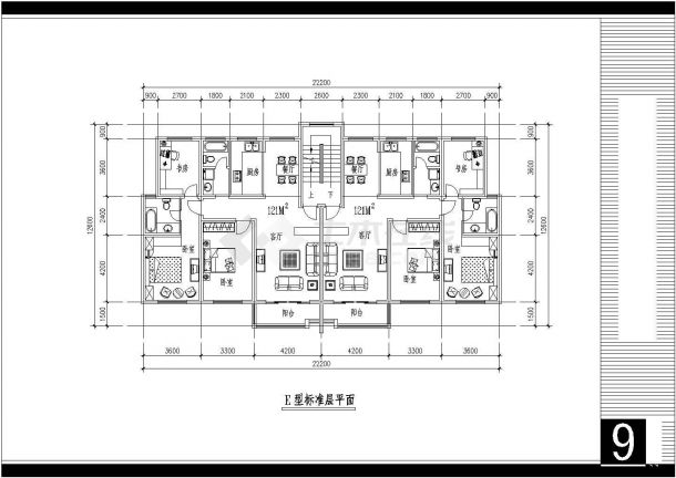 6层住宅一梯两户户型图（121平方米）-图二