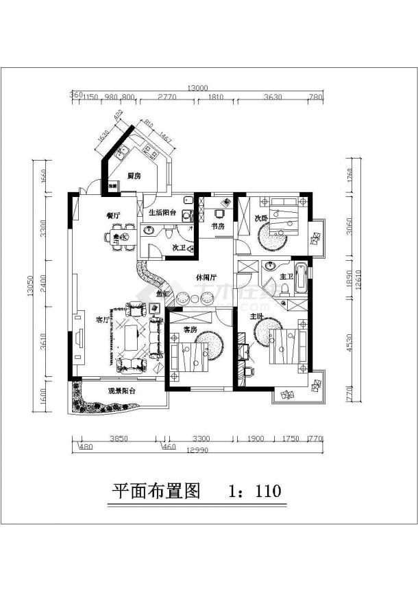 150平方现代简约三居室装修设计cad施工平面方案图(厨房户型突出)-图一