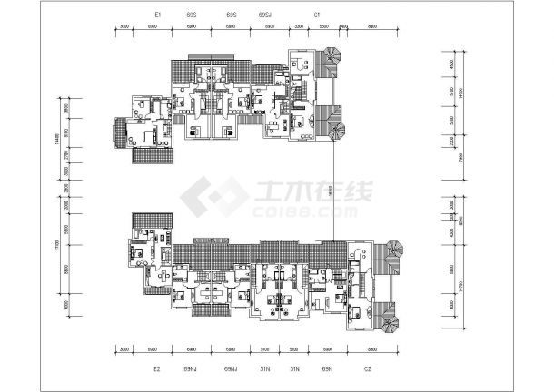 【北京】某三层联排别墅组团平面图-图二
