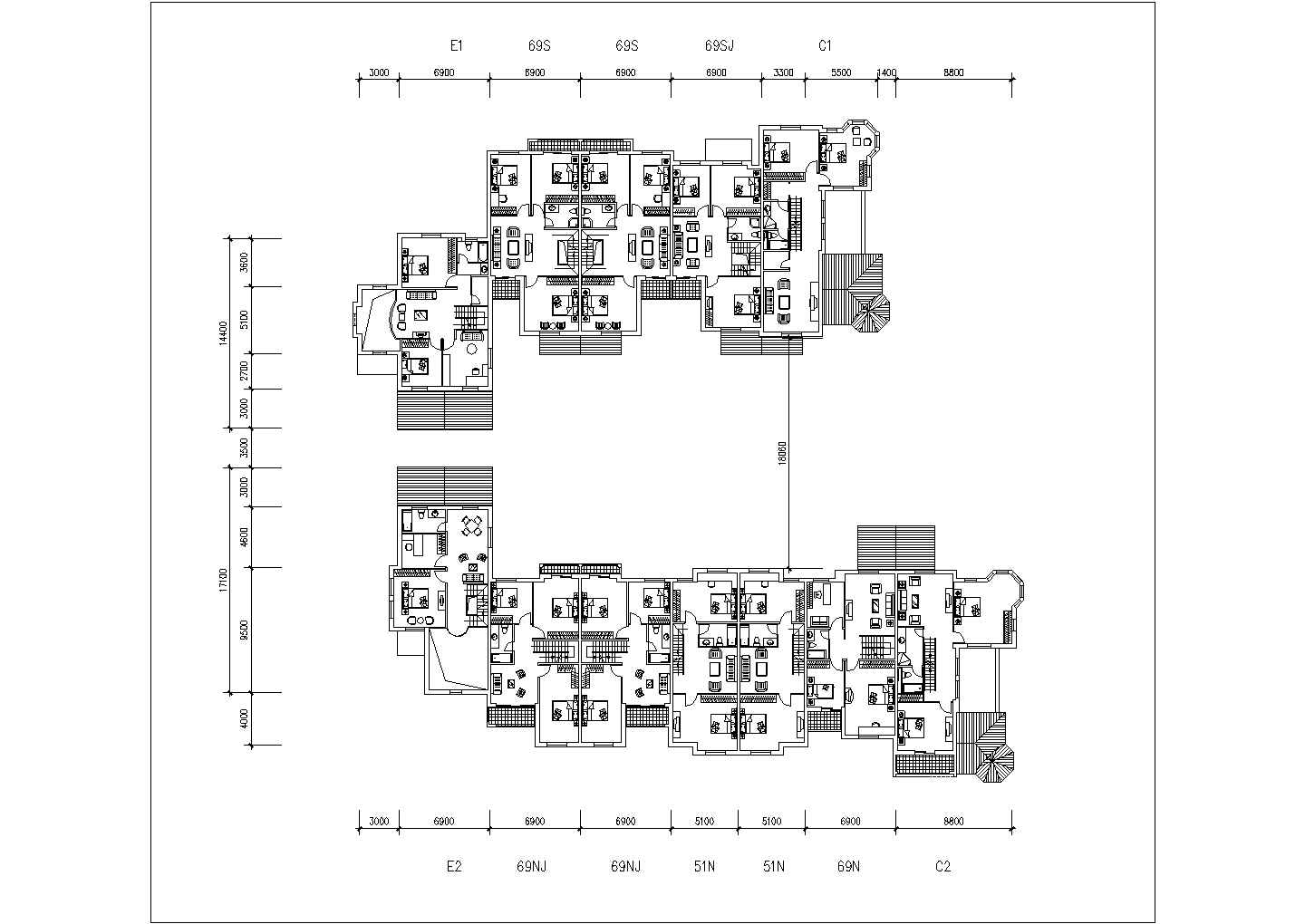 【北京】某三层联排别墅组团平面图