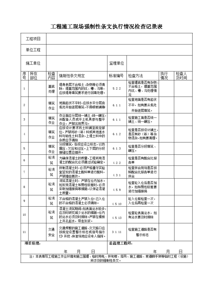 工程施工现场强制性条文执行情况检查记录表-图一