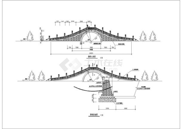 中式古典景观石拱桥施工设计cad平立面布置图(R1.7m)-图一