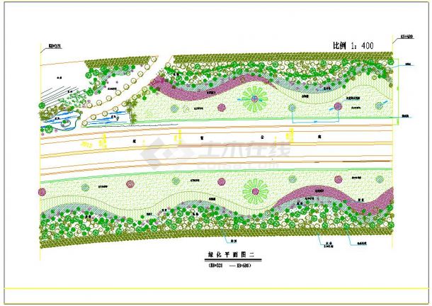 浙江某湖滨景观大道绿化施工设计cad平面方案图纸-图二