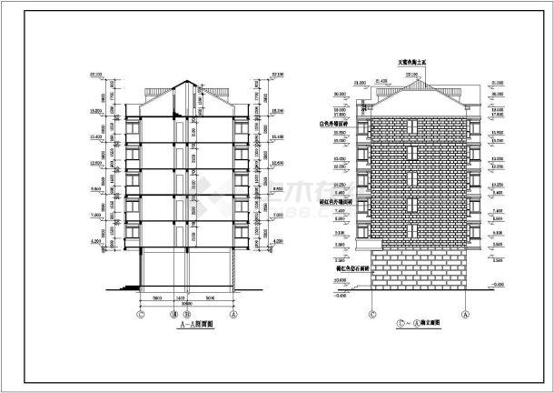 七层蓝瓦黄墙住宅楼底框砖混结构施工设计cad平立面方案图-图二