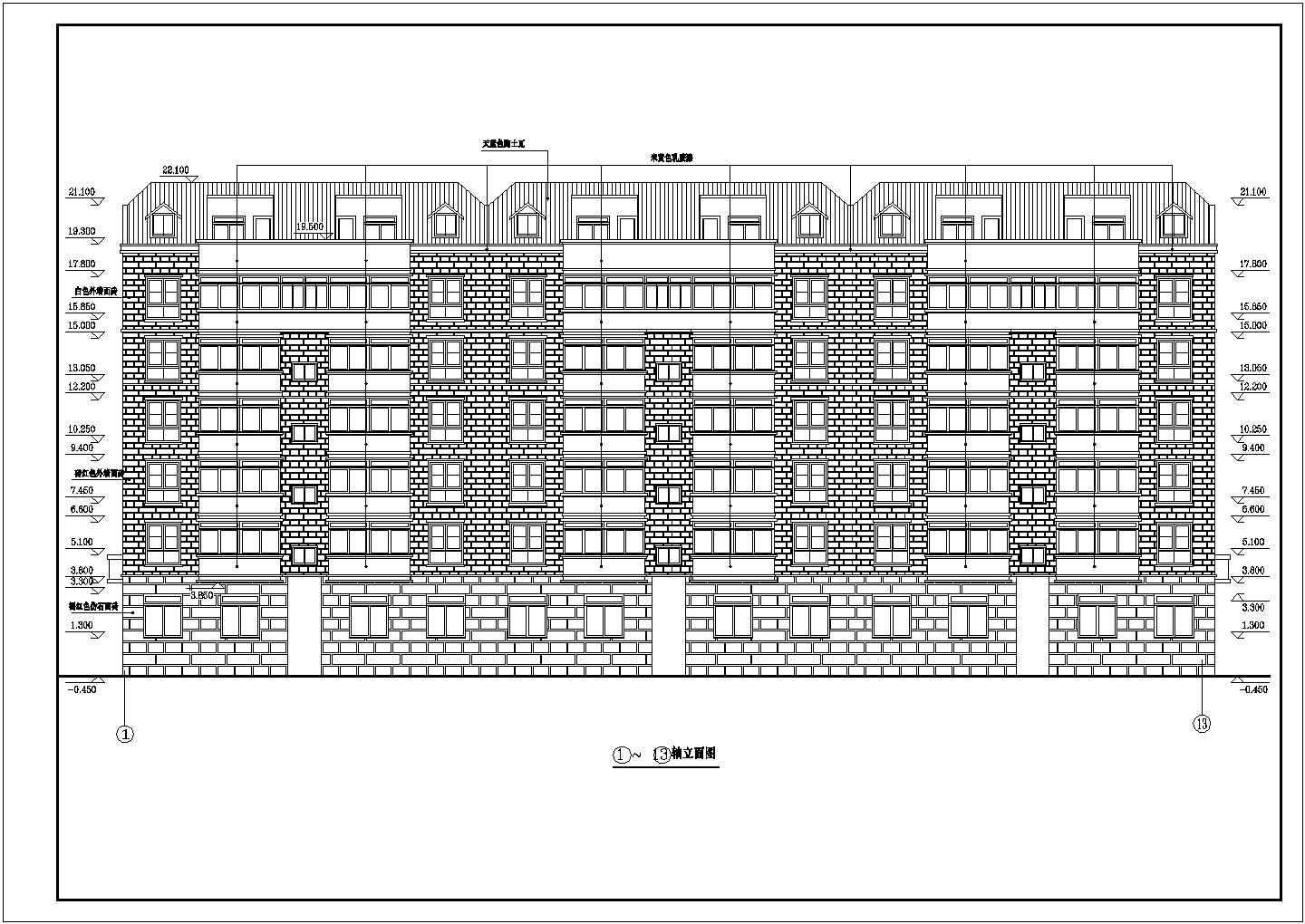 七层蓝瓦黄墙住宅楼底框砖混结构施工设计cad平立面方案图