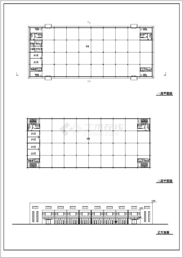 14米高两层厂房带夹层吊车施工设计cad平面布置图纸-图一