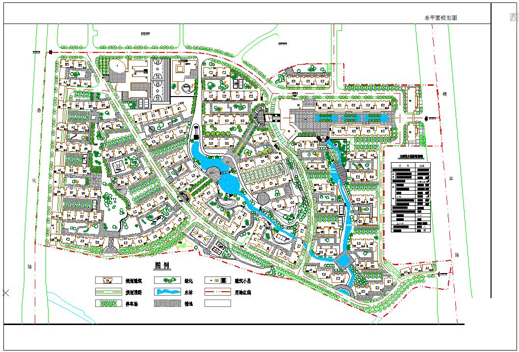 非常齐全的住宅小区带人工河总体规划施工cad设计布置图
