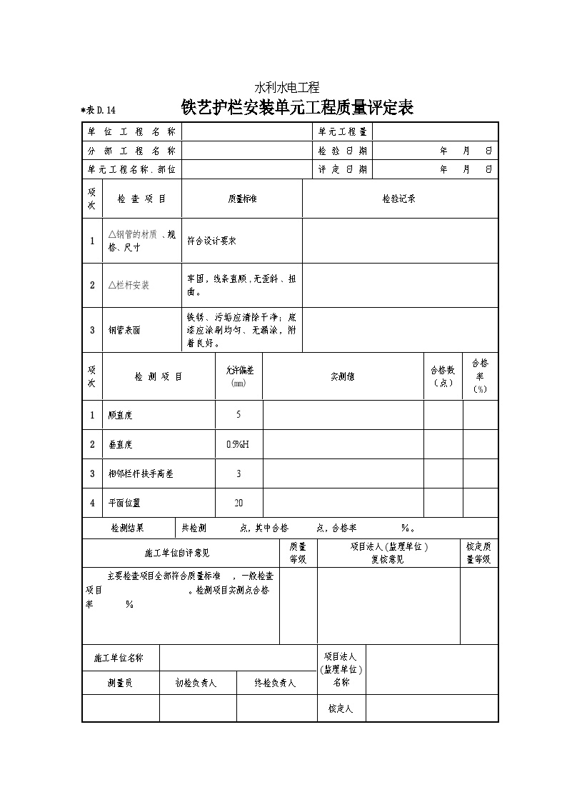 D.14 铁艺护栏安装单元工程质量评定表 工程项目资料范本.doc