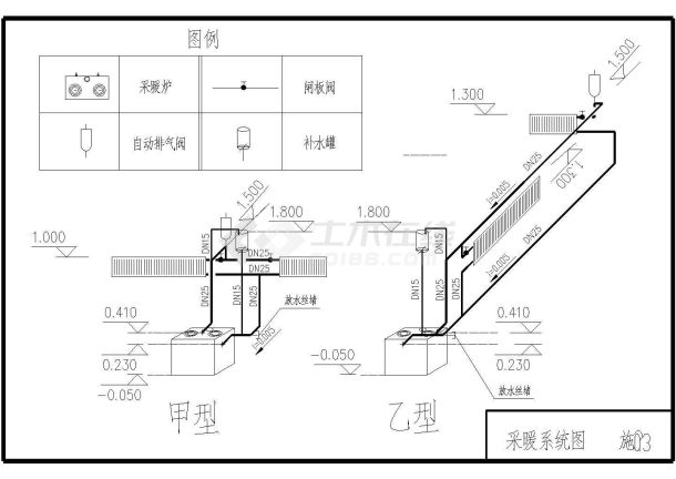 广东某地区两排平房土暖气设计cad图纸-图一