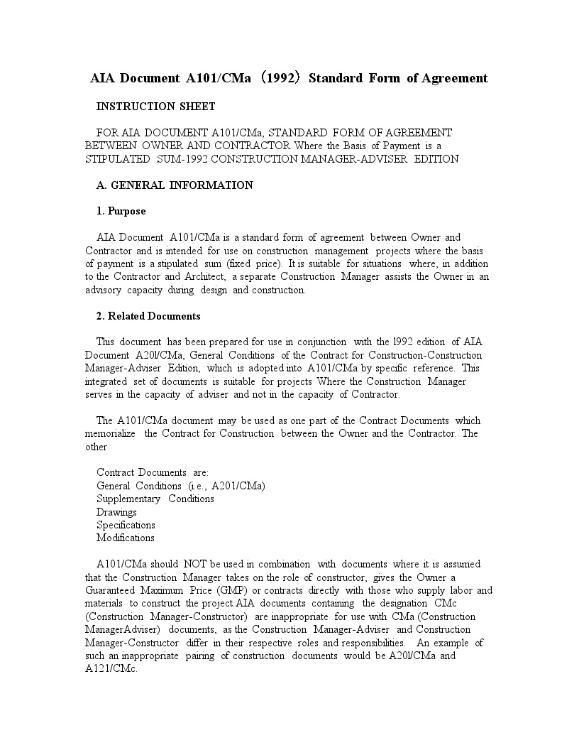 AIA Document A101_CMa（1992）Standard Form of Agreem