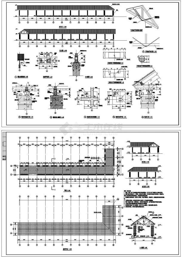 带拐角住托架的廊平立剖面详图-图一