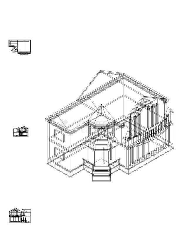 二层坡屋顶别墅 CAD三维模型图  -图一