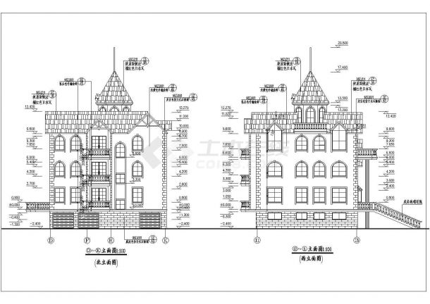 城堡式美观三层别墅详细建筑设计图-图二