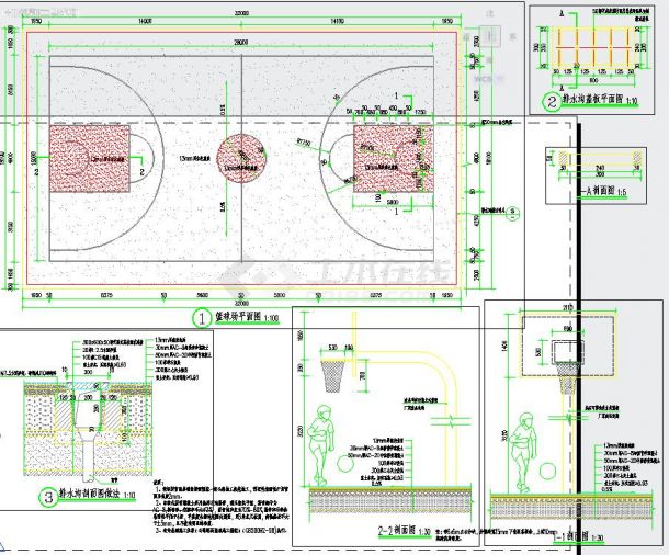 篮球场地及排水沟cad设计施工详图