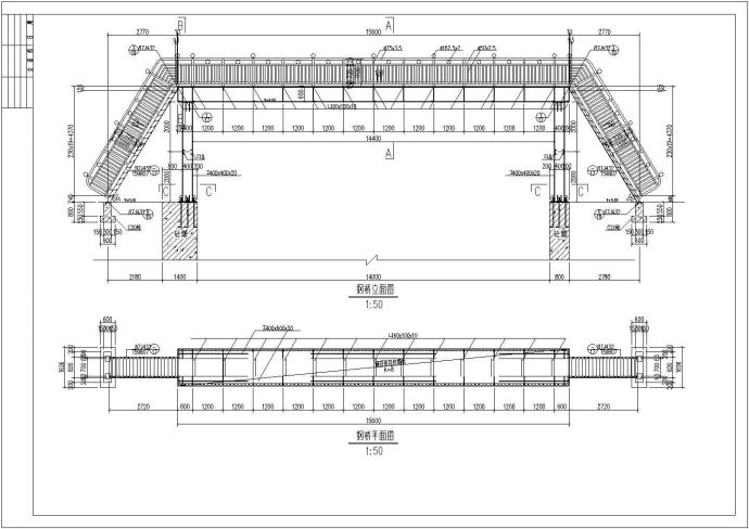 大型工程15米人行钢桥轻钢结构施工cad平立面方案图_图1