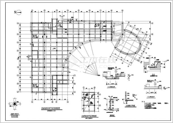 五层框架结构办公楼地下室结构设计cad施工图（筏板基础）-图二